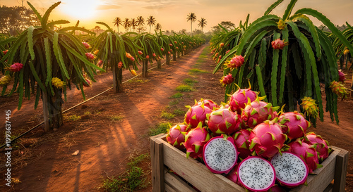 Dragon Fruit Harvest in Plantation at Sunset with Wooden Crate of Pitaya