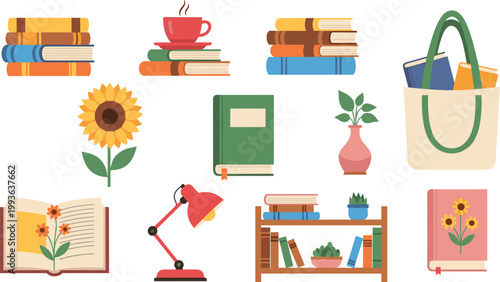 Reading and Study Elements Collection with Books, Bookshelf, Lamp, Notebook, and Floral Decor for Education, Learning, and Cozy Lifestyle Illustration