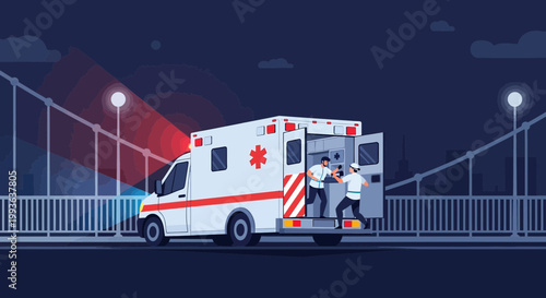 Ambulance rushes to emergency on bridge at night, flashing lights, medical team arriving