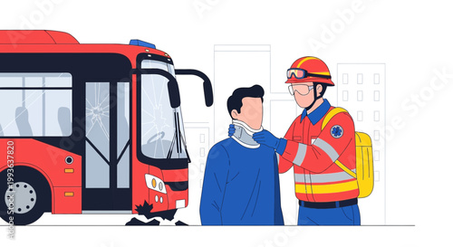 Paramedic helps injured person with neck brace after bus accident
