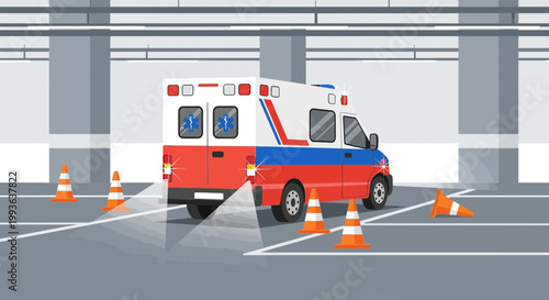 Ambulance with flashing lights and cones in a parking lot, emergency response scene