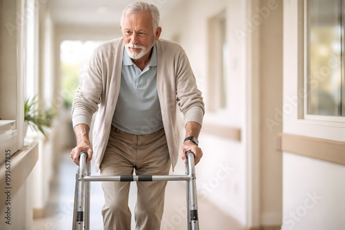 A man is using a walker to move down a hallway. He is wearing light clothing and appears focused. The setting has bright lights and a care facility atmosphere