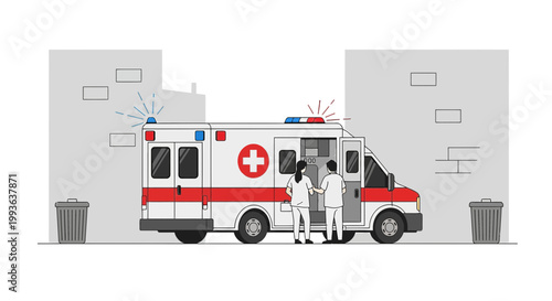 Ambulance with flashing lights and medical staff in urban alleyway, emergency response