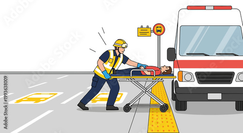 Paramedic helps patient onto stretcher by ambulance on road, emergency response concept