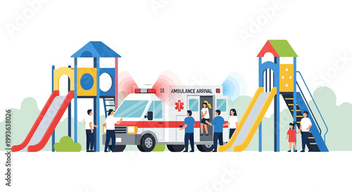 Ambulance arrives at playground for emergency, children playing, medical help, safety concept