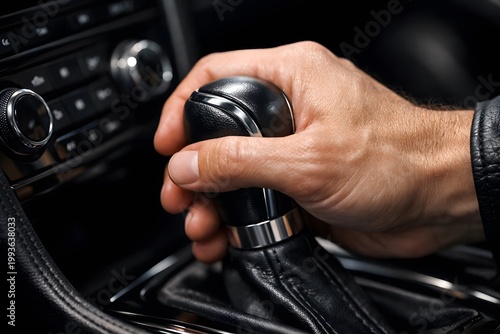 A person uses their hand to shift the gear in a car while driving on the road. The scene captures the focus required for safe driving and vehicle control