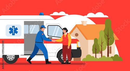 Paramedic helps woman near ambulance and house, emergency medical service, healthcare concept