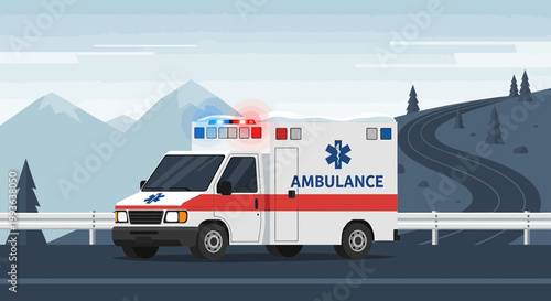 Ambulance with flashing lights driving on a highway with mountains in the background
