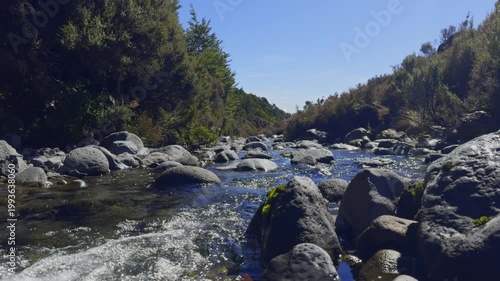 Clear water of a mountain stream flowing over boulders through the alpine scrubland of Tongariro National Park
