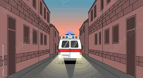 Ambulance with flashing lights drives down a narrow street at sunset, emergency response concept.