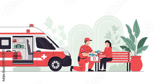 Paramedic helps woman on bench near ambulance, outdoor medical emergency scene