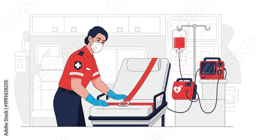 Paramedic in Mask Secures Patient on Stretcher in Ambulance with Medical Equipment