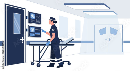 Paramedic in Hospital Corridor with Medical Screens and Stretcher