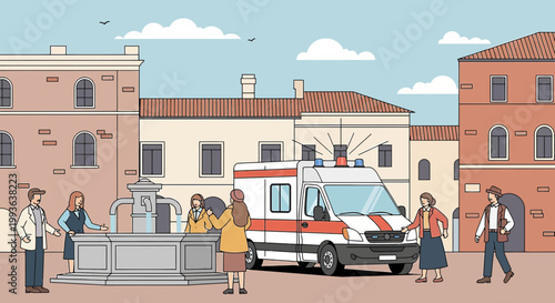 Ambulance arrives in town square with people near fountain