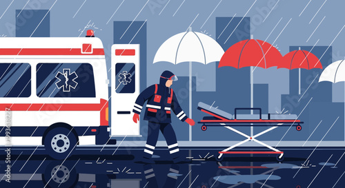 Paramedic in Rain with Ambulance and Stretcher, Emergency Response Scene