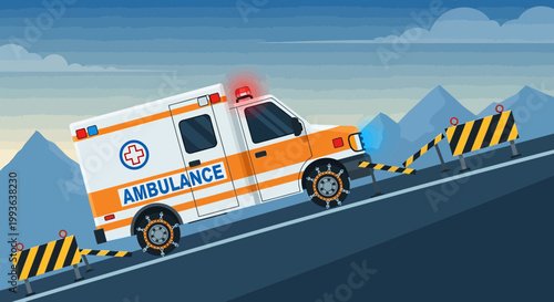 Ambulance with snow chains climbing a steep, icy mountain road with warning barriers.