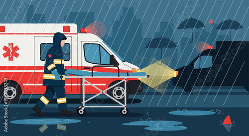 Paramedic in Rain with Ambulance and Stretcher, Emergency Response