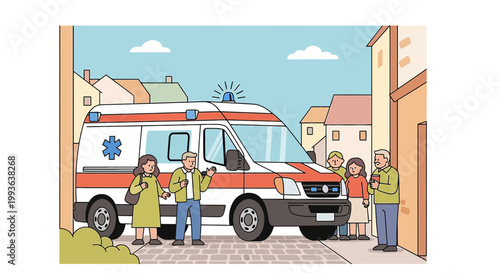 Ambulance arrives in town, people gather around, emergency medical services concept