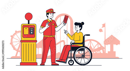 Amusement Park Ticket Booth: Staff Assists Person in Wheelchair