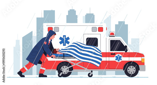 Paramedic in Rain Pushing Stretcher to Ambulance in City