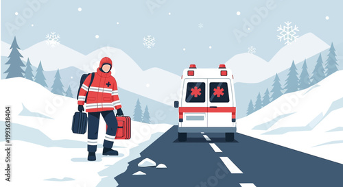Paramedic in Winter Snow with Ambulance, Emergency Medical Services