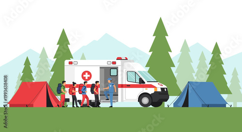 Ambulance assisting hikers in a forest camp, emergency medical evacuation, outdoor rescue