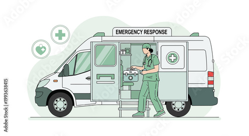 Paramedic in Uniform with Medical Kit Near Ambulance, Emergency Response Vehicle
