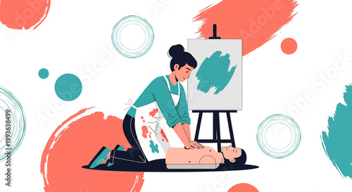 Art therapy student practices CPR on dummy next to easel with abstract painting