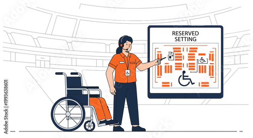 Attendant shows reserved seating for disabled people on a tablet in a stadium