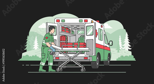 Paramedic Loading Stretcher into Ambulance, Emergency Medical Services Scene