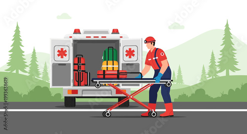 Paramedic loading stretcher into ambulance, emergency medical services, rescue, healthcare concept