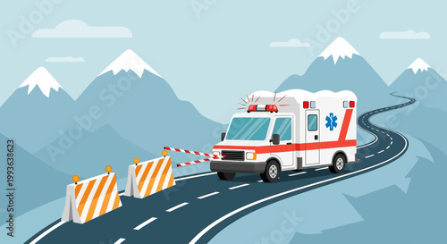Ambulance blocked by road barriers on a snowy mountain road, emergency response challenge