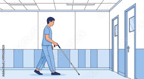 Blind Man with Cane Navigates Hospital Corridor, Seeking Assistance