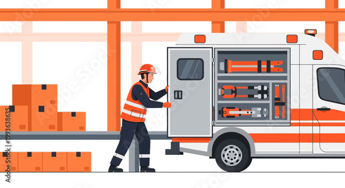 Paramedic Loads Medical Equipment into Ambulance Next to Boxes, Emergency Response Vehicle