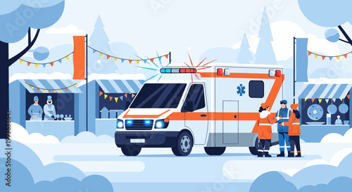 Ambulance at Winter Market with Medical Staff and Festive Decorations