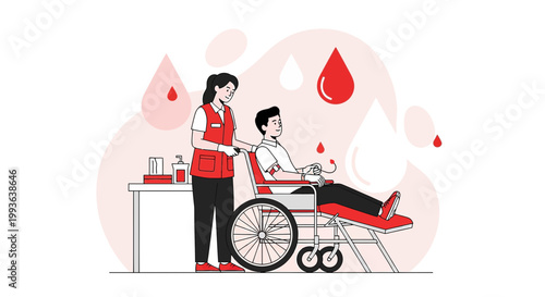 Blood Donation Process: Donor in Wheelchair with Nurse, Red Drops Background