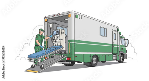 Paramedic loading stretcher into mobile medical unit for patient transport