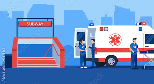 Ambulance crew assists at subway entrance, emergency medical services in urban setting