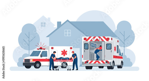 Ambulance crew assists patient from house, emergency medical services concept