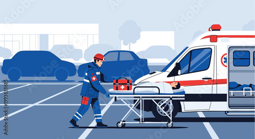 Paramedic loads patient on stretcher into ambulance after accident