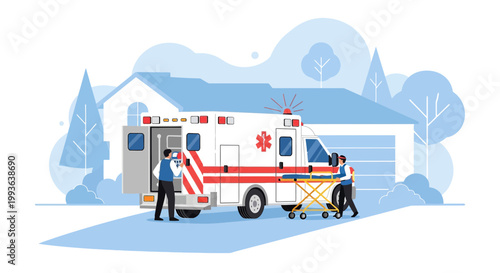 Ambulance crew assists patient with stretcher outside suburban home, emergency medical services