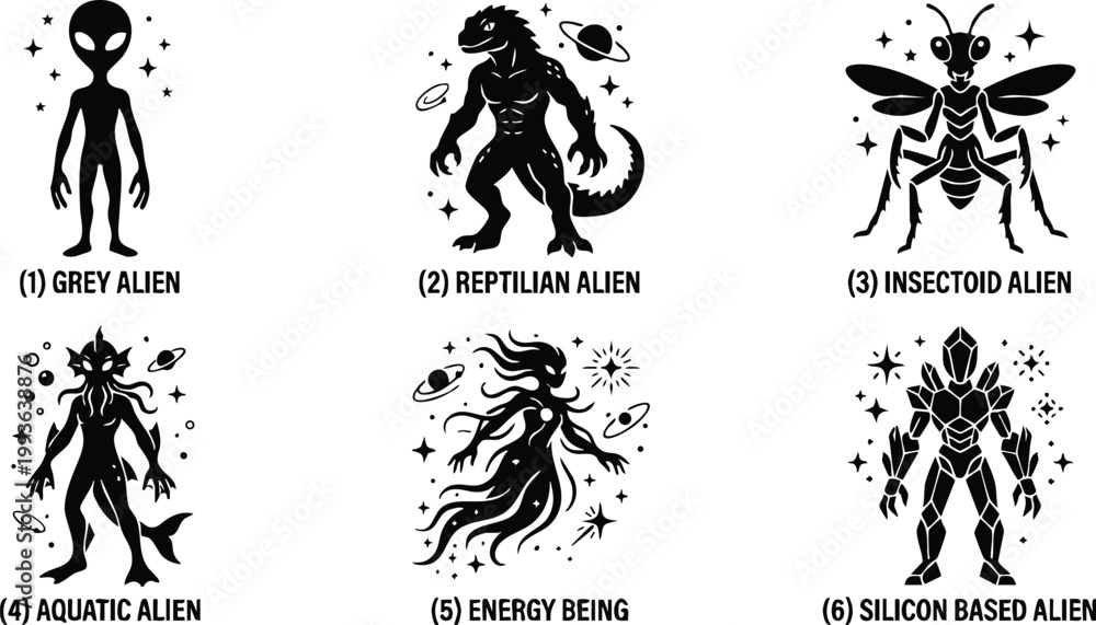 Fototapeta premium Black silhouette set of six alien types including grey reptilian insectoid and silicon based aliens