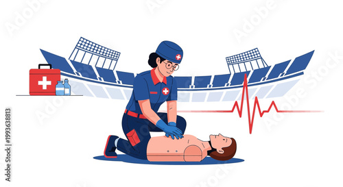 Paramedic performing CPR on patient at stadium with defibrillator and medical kit