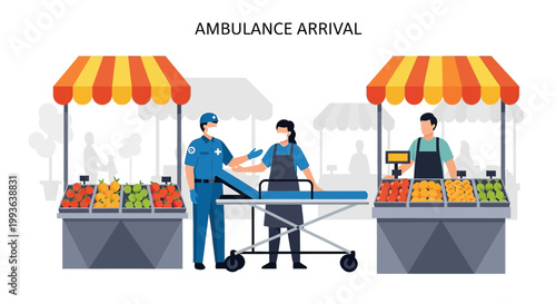 Ambulance Arrival at Outdoor Market: Paramedic Assists Vendor with Stretcher