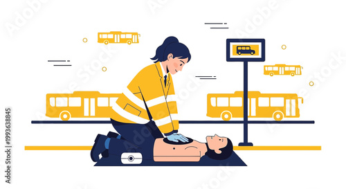 Paramedic performing CPR on patient at bus stop, emergency medical assistance