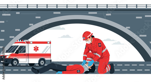 Paramedic Performing CPR on Patient Near Ambulance Under Bridge