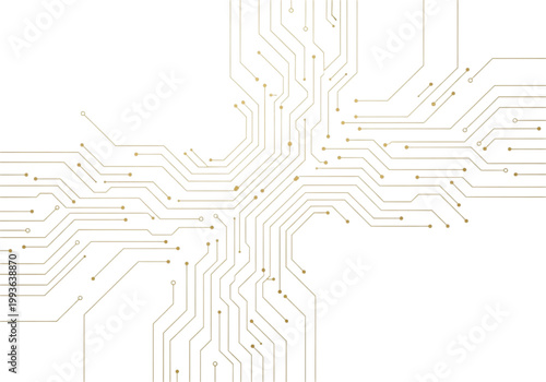Abstract digital circuit board connections, gold lines on a white background, illustrating technology and data transfer