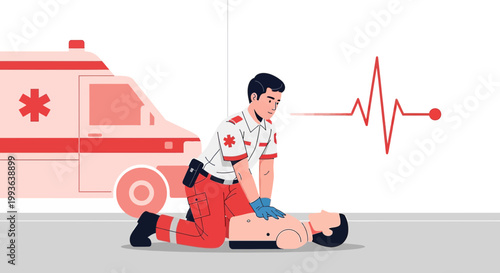 Paramedic performing CPR on patient with ambulance and heartbeat graphic