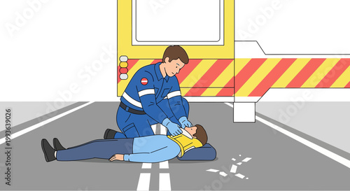 Paramedic Performs Airway Maneuver on Unconscious Person Beside Ambulance