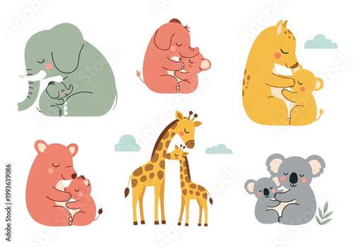 Adorable Cartoon Animals Embracing Their Young, Celebrating Maternal Love and Family Bonds in Whimsical Illustrations